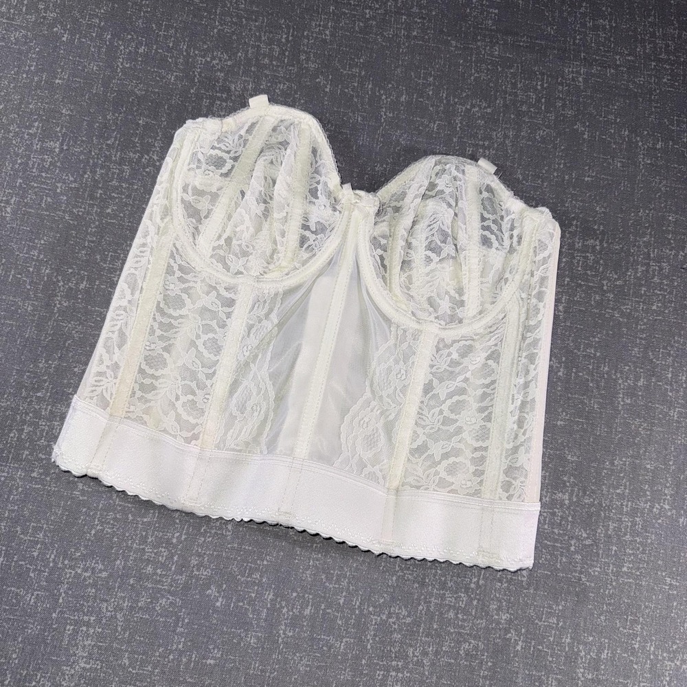 Vintage Goddess Bustier Womens 38B White Lace Longline Bridal 689 Boned